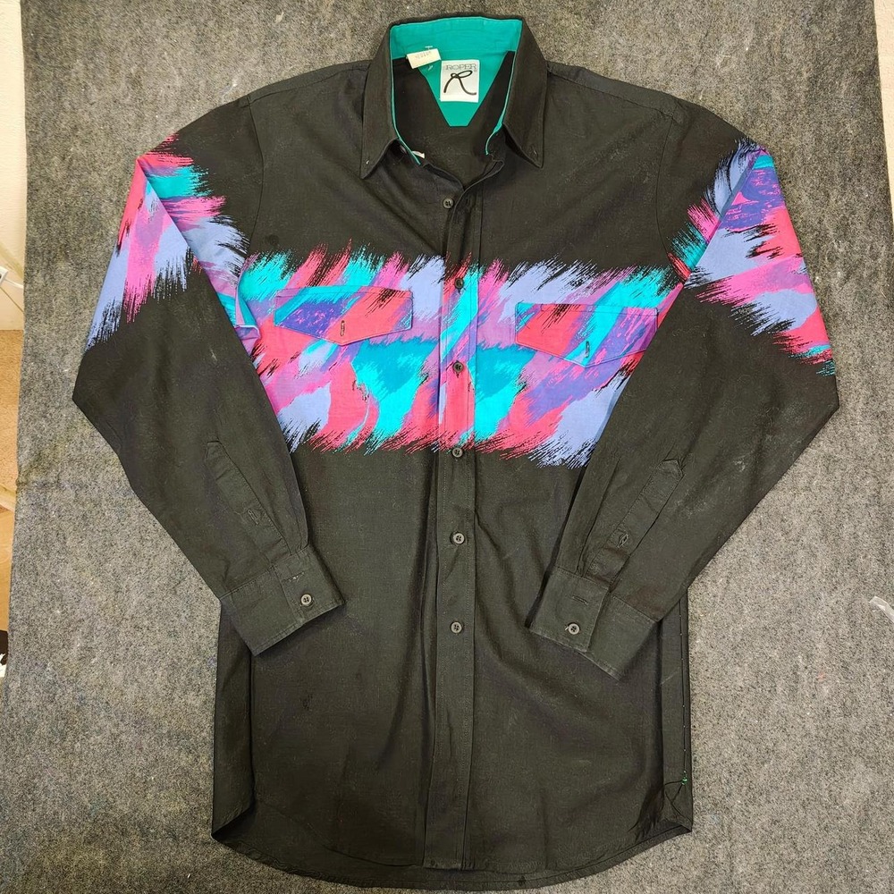 VTG 90s Roper Neon Brushstroke Western Cowboys Shirt Black Fuchsia Turquoise M